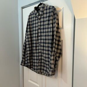 Eddie Bauer Men’s Plaid Button Down Shirt Medium Blue Tan Velcro Front